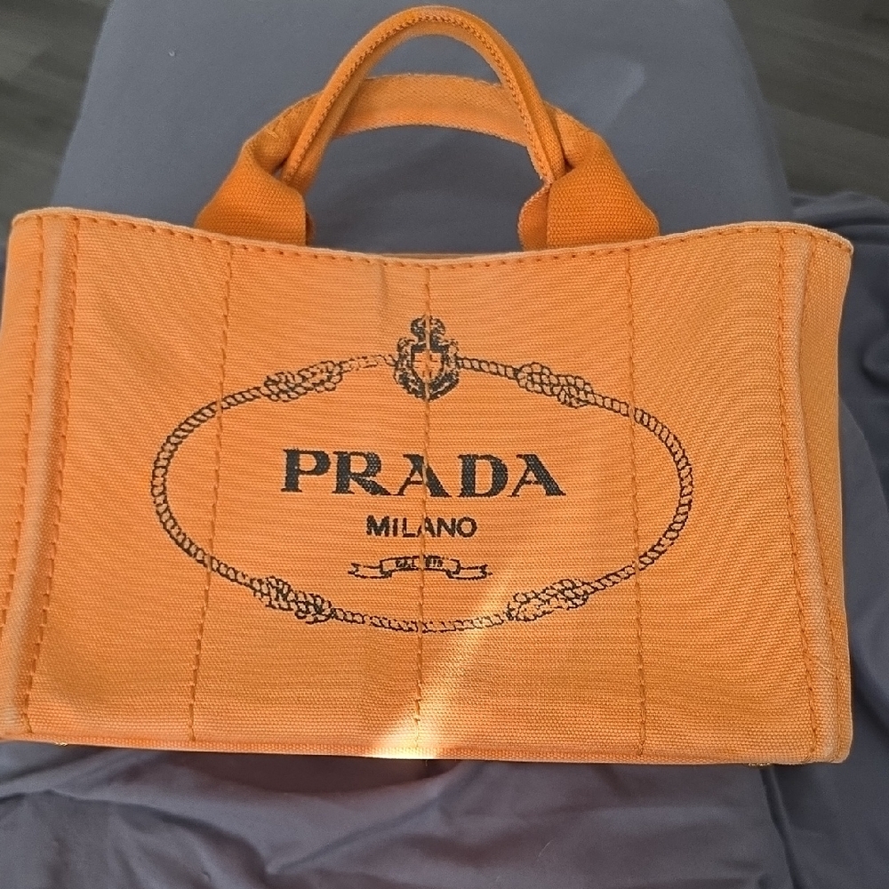 Authentic Prada Orange/Yellow Canapa (Hemp) Tote with Black Logo